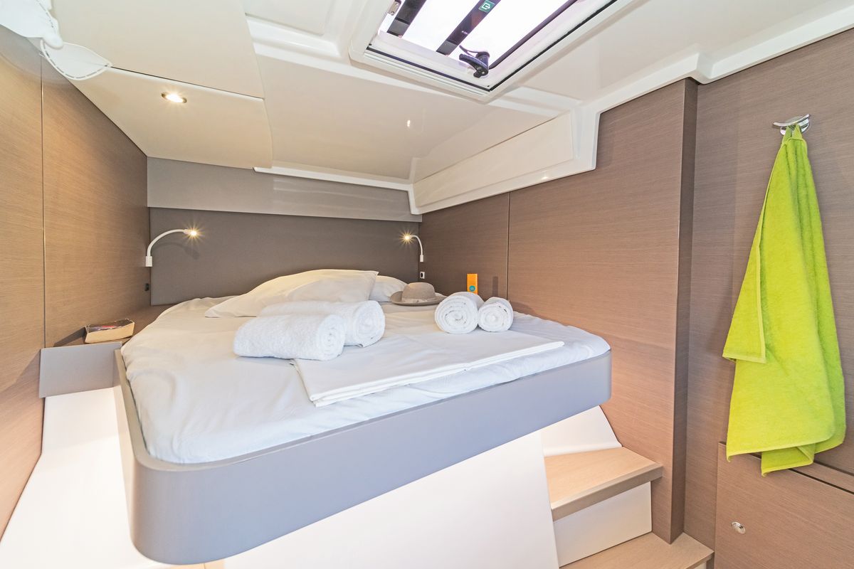 Cabin on Duende, a Bali Catspace catamaran at Athens, Greece