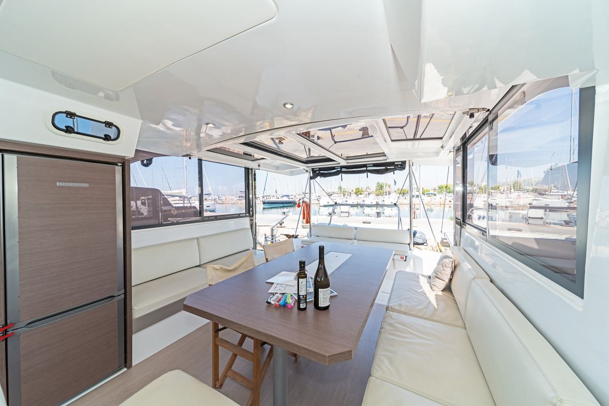 Salon of Duende, a Bali Catspace catamaran at Athens, Greece