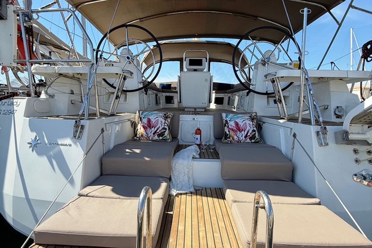 Deck of Our Lady, a Jeanneau 54 sailboat at Kos, Greece