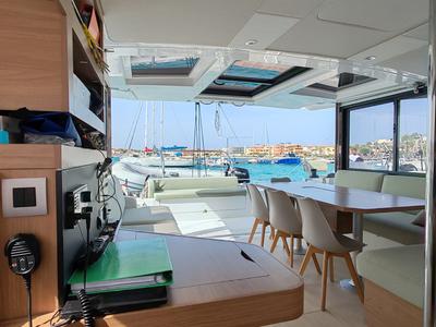 Salon of Cocoon, a Bali Catsmart catamaran at Figari/Golfo Aranci, Italy