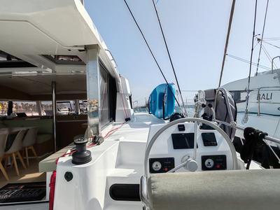 Cockpit of Cocoon, a Bali Catsmart catamaran at Figari/Golfo Aranci, Italy
