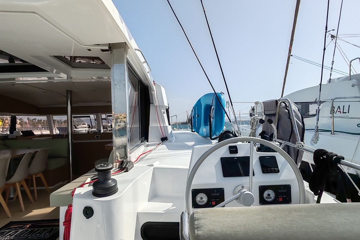 Cockpit of Cocoon, a Bali Catsmart catamaran at Figari/Golfo Aranci, Italy