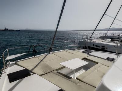 Deck of Cocoon, a Bali Catsmart catamaran at Figari/Golfo Aranci, Italy