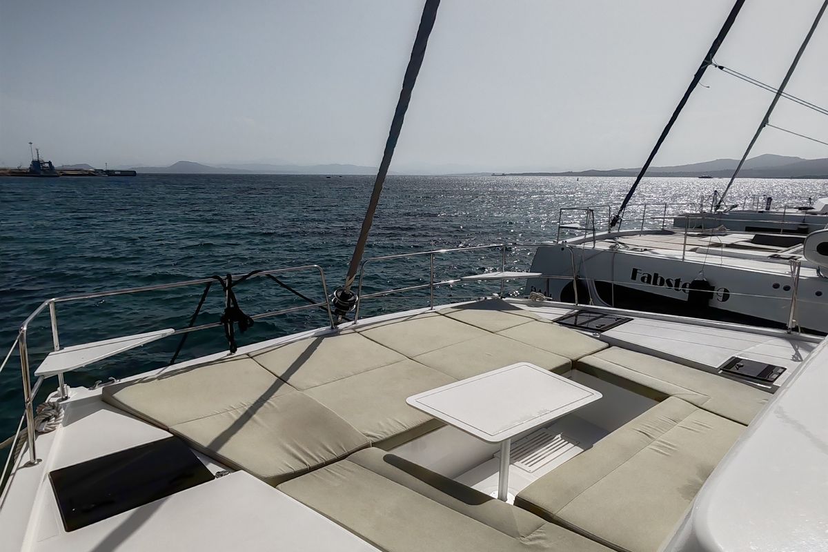 Deck of Cocoon, a Bali Catsmart catamaran at Figari/Golfo Aranci, Italy