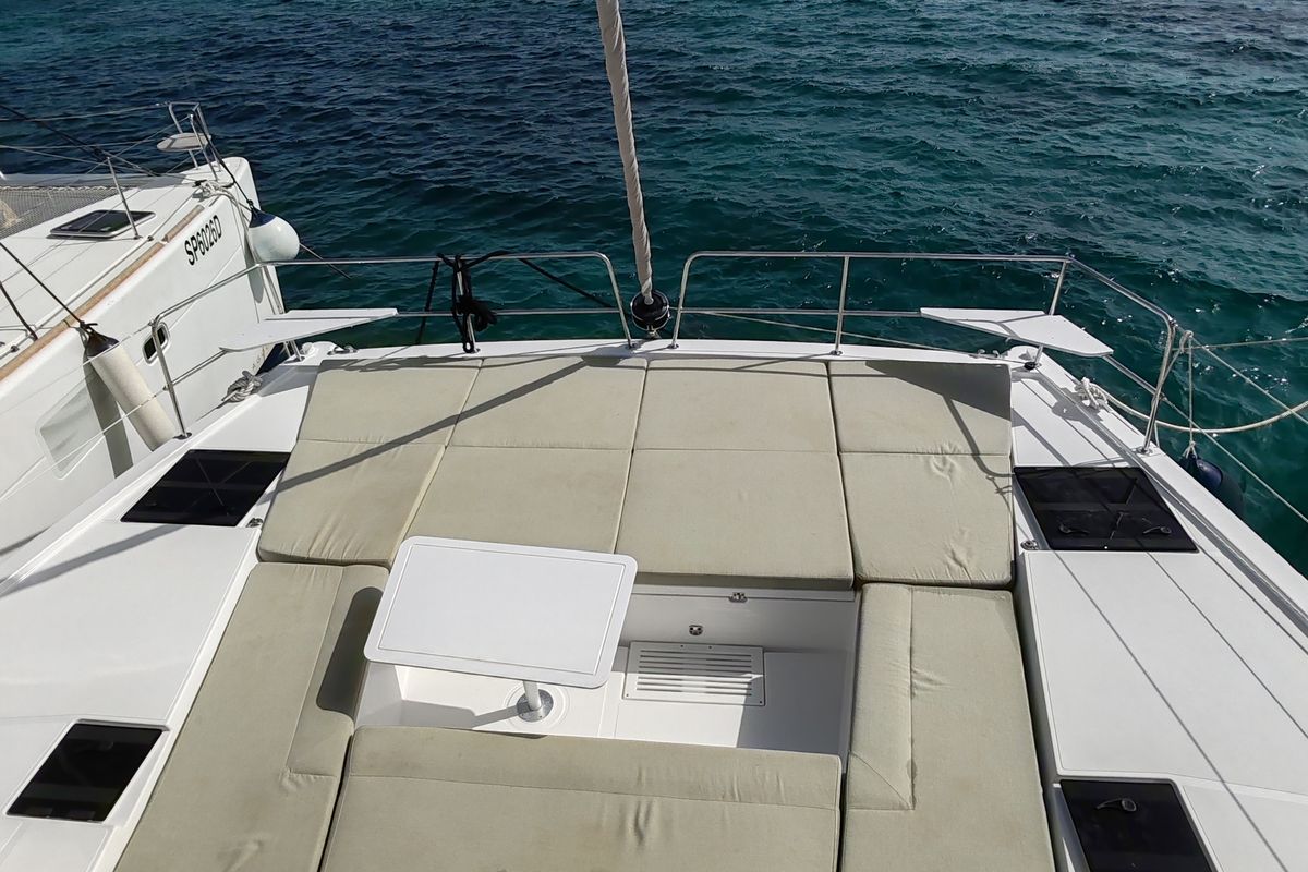 Deck of Cocoon, a Bali Catsmart catamaran at Figari/Golfo Aranci, Italy