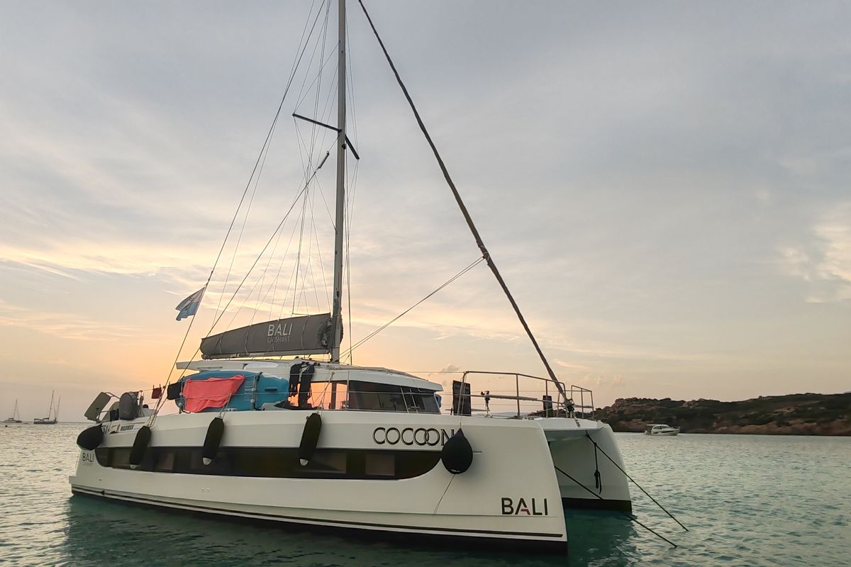 Exterior view of Cocoon, a Bali Catsmart catamaran at Figari/Golfo Aranci, Italy