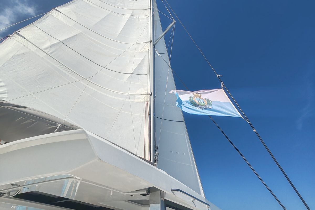 Exterior view of Cocoon, a Bali Catsmart catamaran at Figari/Golfo Aranci, Italy