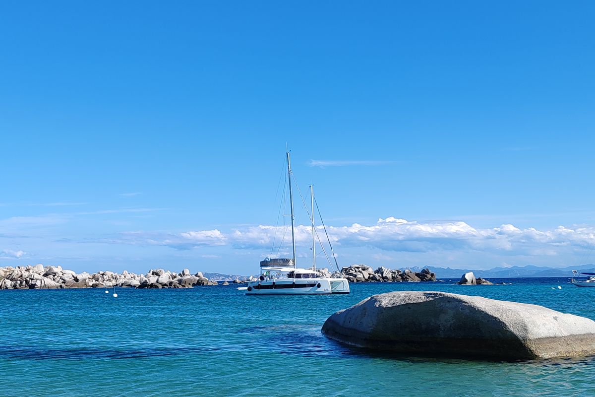 Exterior view of Cocoon, a Bali Catsmart catamaran at Figari/Golfo Aranci, Italy