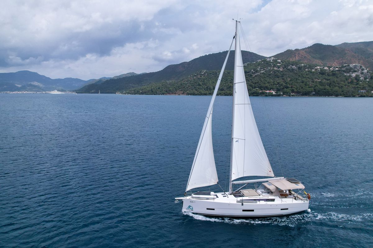 Exterior view of Ida 1, a Dufour 430 sailboat at Marmaris, Turkey