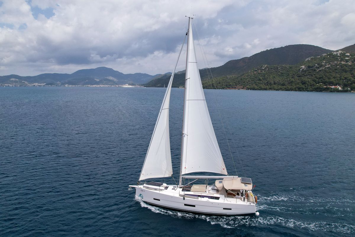 Exterior view of Ida 1, a Dufour 430 sailboat at Marmaris, Turkey