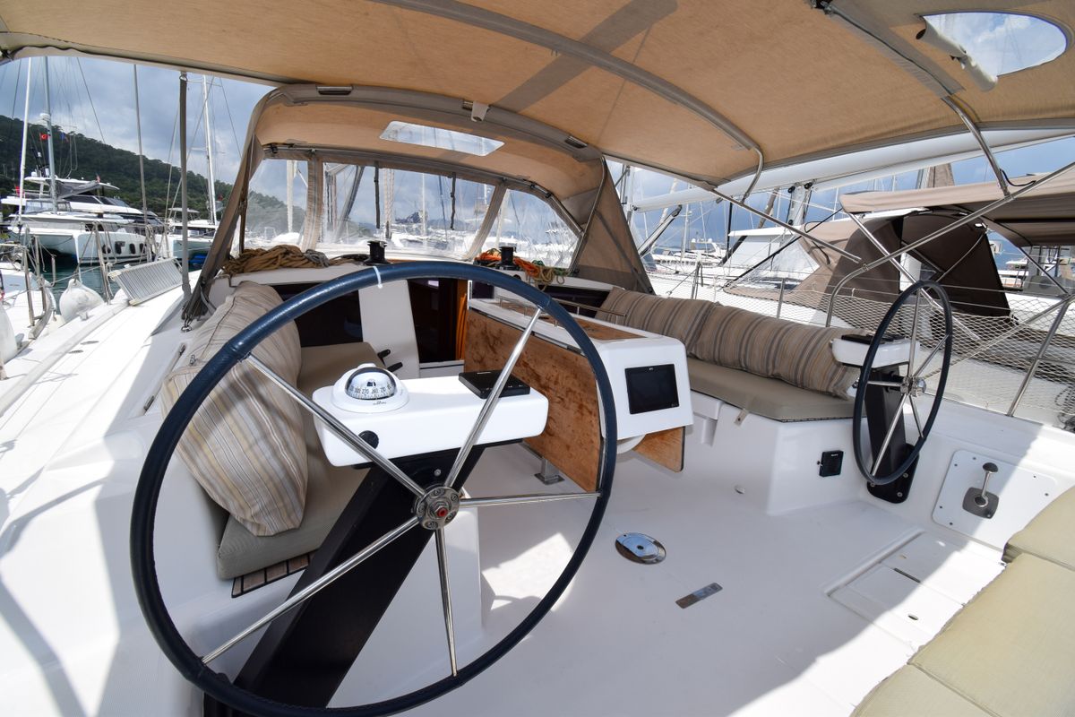 Cockpit of Ida 1, a Dufour 430 sailboat at Marmaris, Turkey