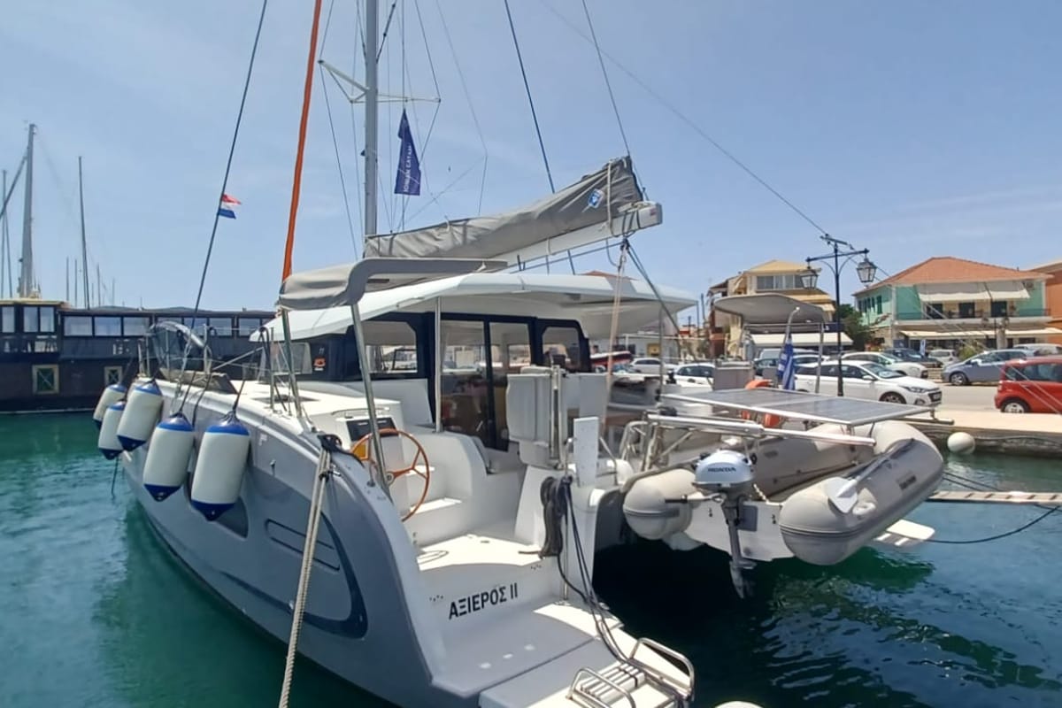 Exterior view of Axieros II, a Excess 11 catamaran at Municipal Unit of Lefkada, Greece