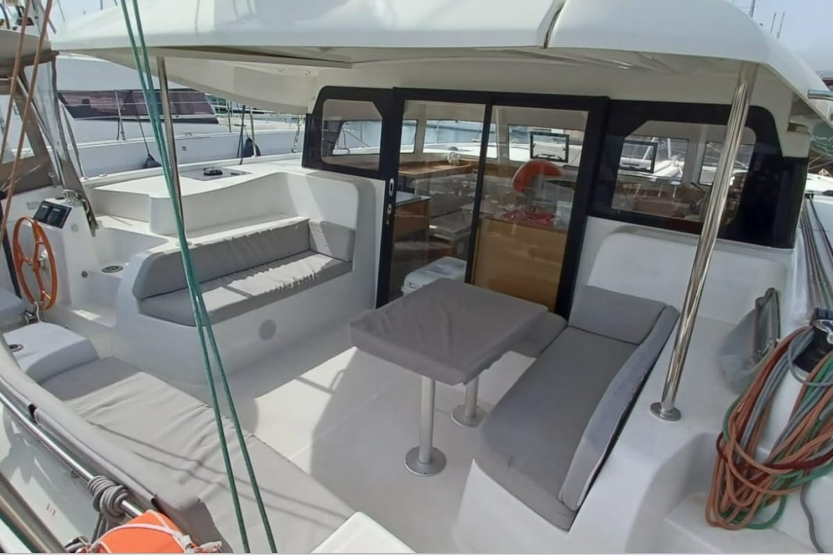 Deck of Axieros II, a Excess 11 catamaran at Municipal Unit of Lefkada, Greece
