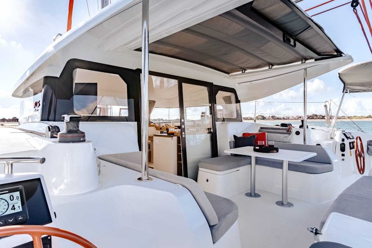 Deck of Axieros II, a Excess 11 catamaran at Municipal Unit of Lefkada, Greece