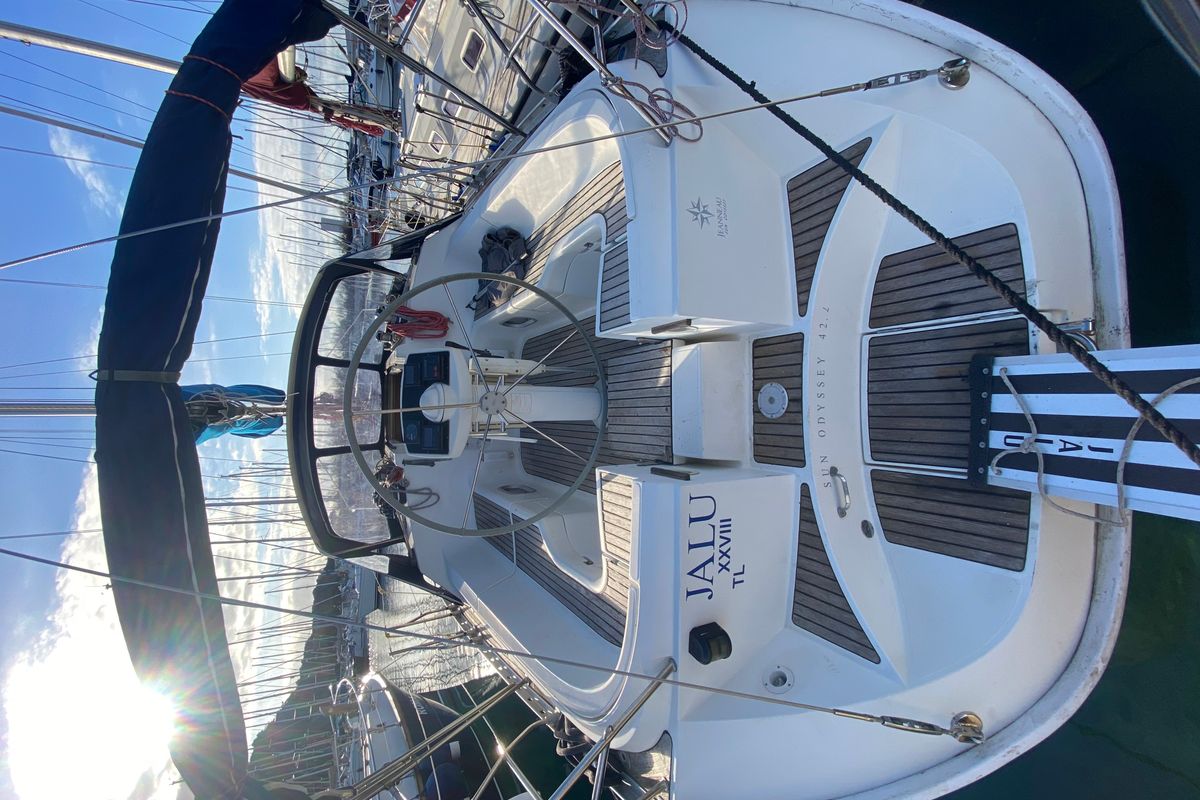 Cockpit of Jalù, a Jeanneau Sun Odyssey 42.2 sailboat at Punta Ala, Italy