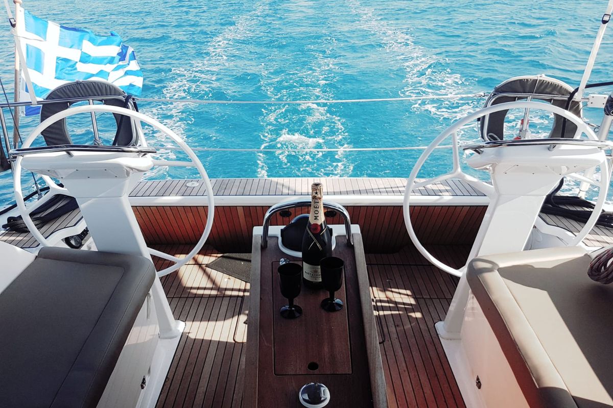 Cockpit of no name, a Bavaria 46 sailboat at Municipal Unit of Lefkada, Greece