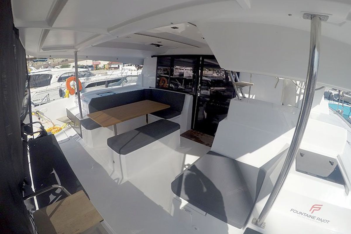 Deck of Imagine, a Fountaine Pajot Astrea 42 catamaran at Grad Šibenik, Croatia