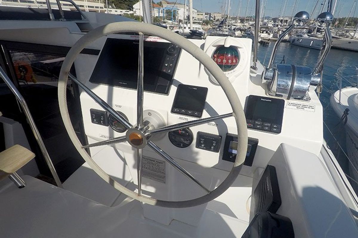 Deck of Imagine, a Fountaine Pajot Astrea 42 catamaran at Grad Šibenik, Croatia