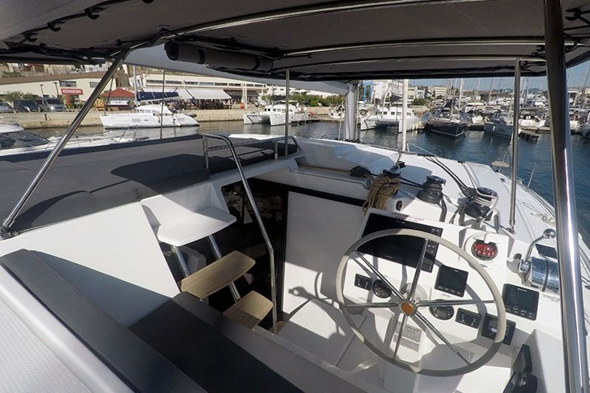 Cockpit of Imagine, a Fountaine Pajot Astrea 42 catamaran at Grad Šibenik, Croatia