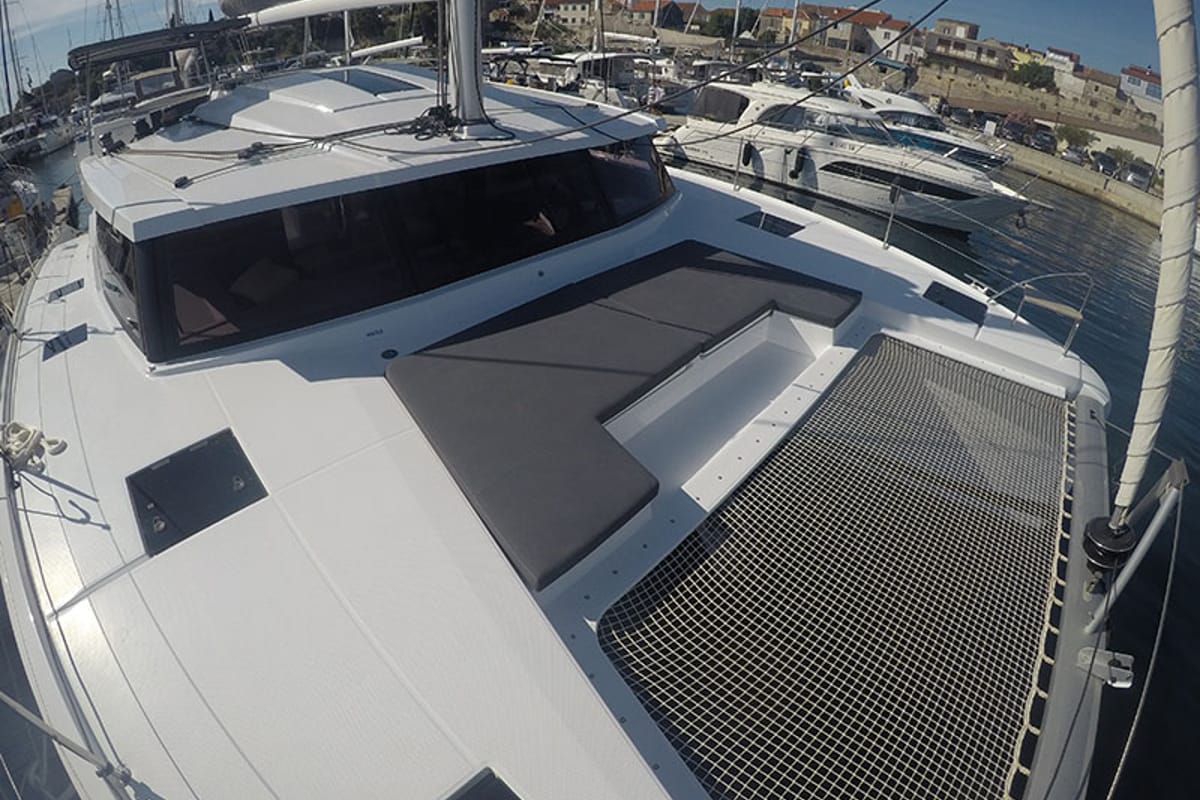 Deck of Imagine, a Fountaine Pajot Astrea 42 catamaran at Grad Šibenik, Croatia
