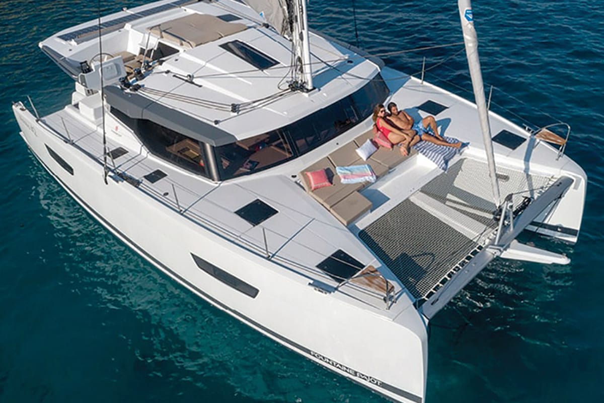 Exterior view of Imagine, a Fountaine Pajot Astrea 42 catamaran at Grad Šibenik, Croatia