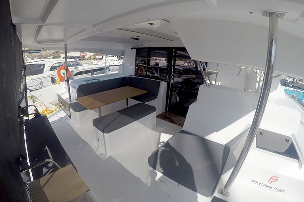 Deck of Imagine, a Fountaine Pajot Astrea 42 catamaran at Grad Šibenik, Croatia