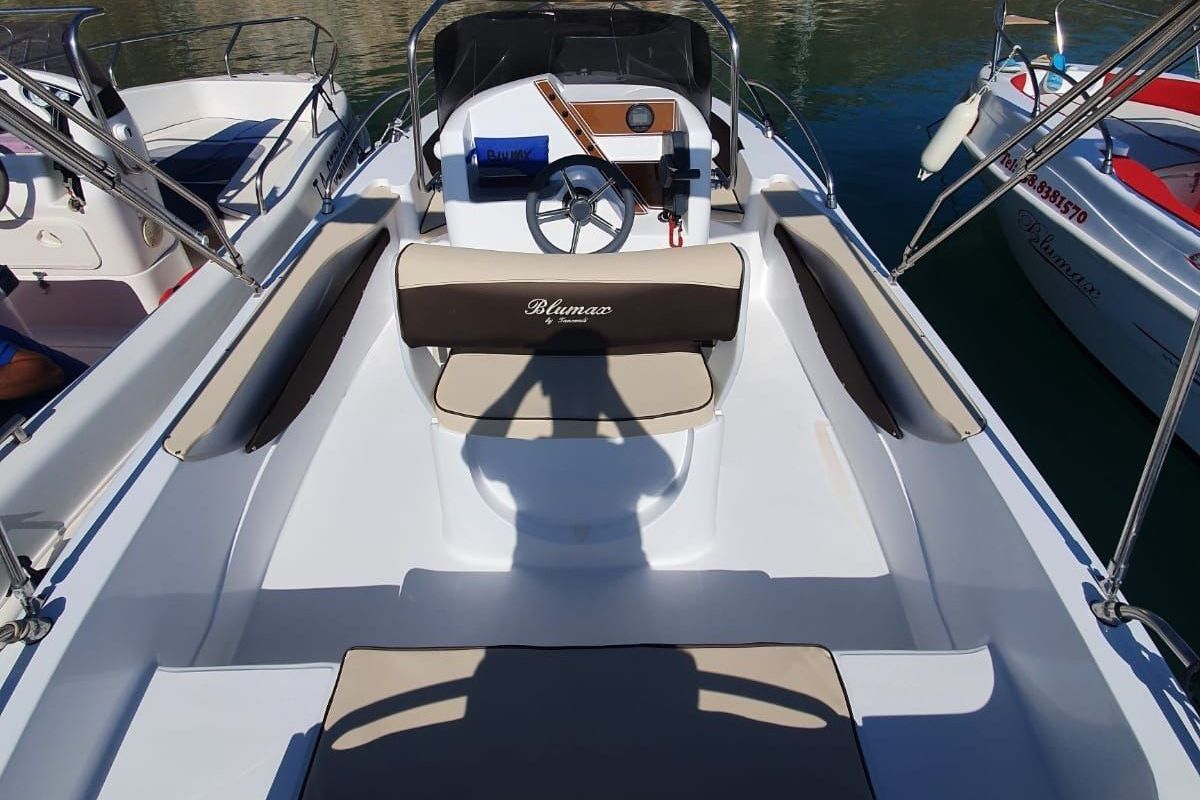 Deck of Beaje, a Gulet Blumax 19 Pro motorboat at Livorno, Italy
