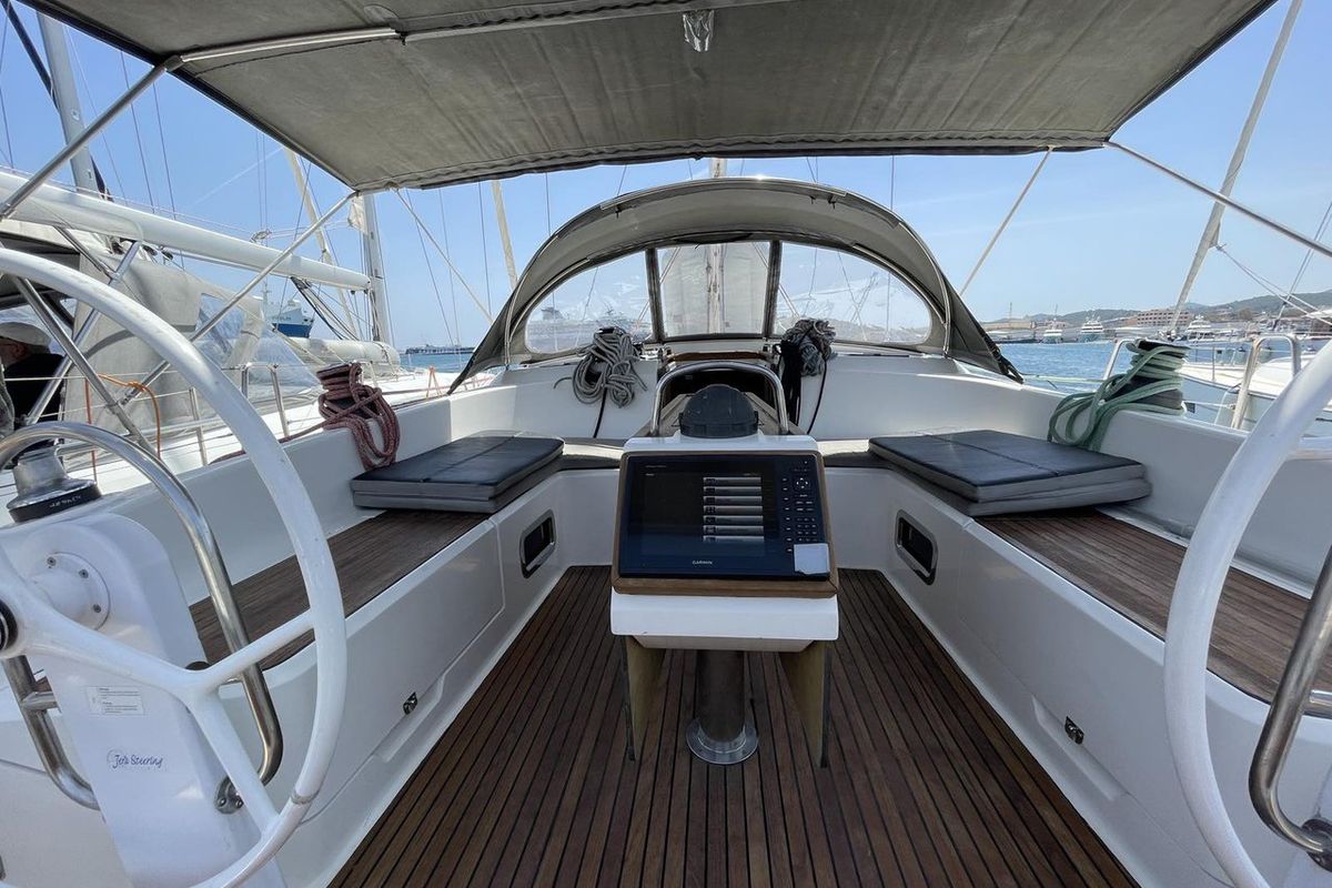 Cockpit of Anemone, a Bavaria Cruiser 51 sailboat at Lavreotiki Municipal Unit, Greece