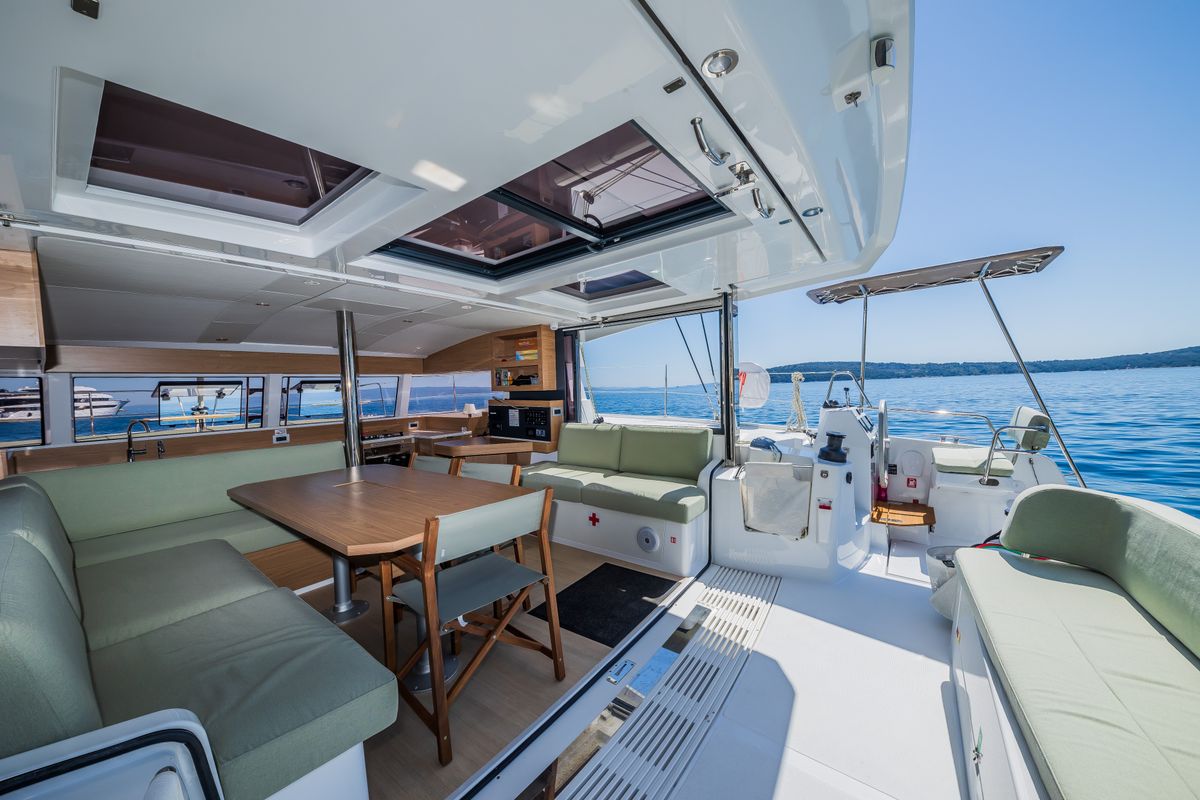 Salon of Enfant Terrible, a Bali Catsmart catamaran at Dubrovnik, Croatia