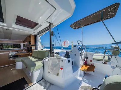 Cockpit of Enfant Terrible, a Bali Catsmart catamaran at Dubrovnik, Croatia