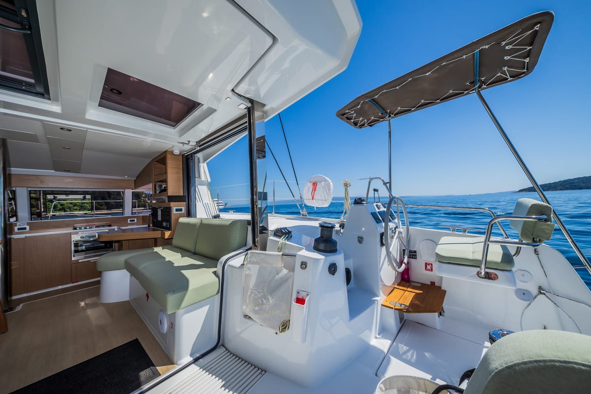 Cockpit of Enfant Terrible, a Bali Catsmart catamaran at Dubrovnik, Croatia