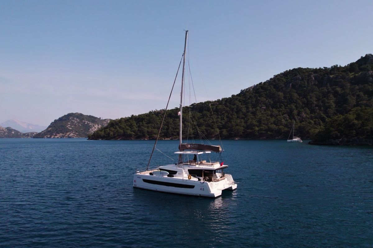 Exterior view of Pagora, a Bali 4.8 catamaran at Fethiye, Turkey