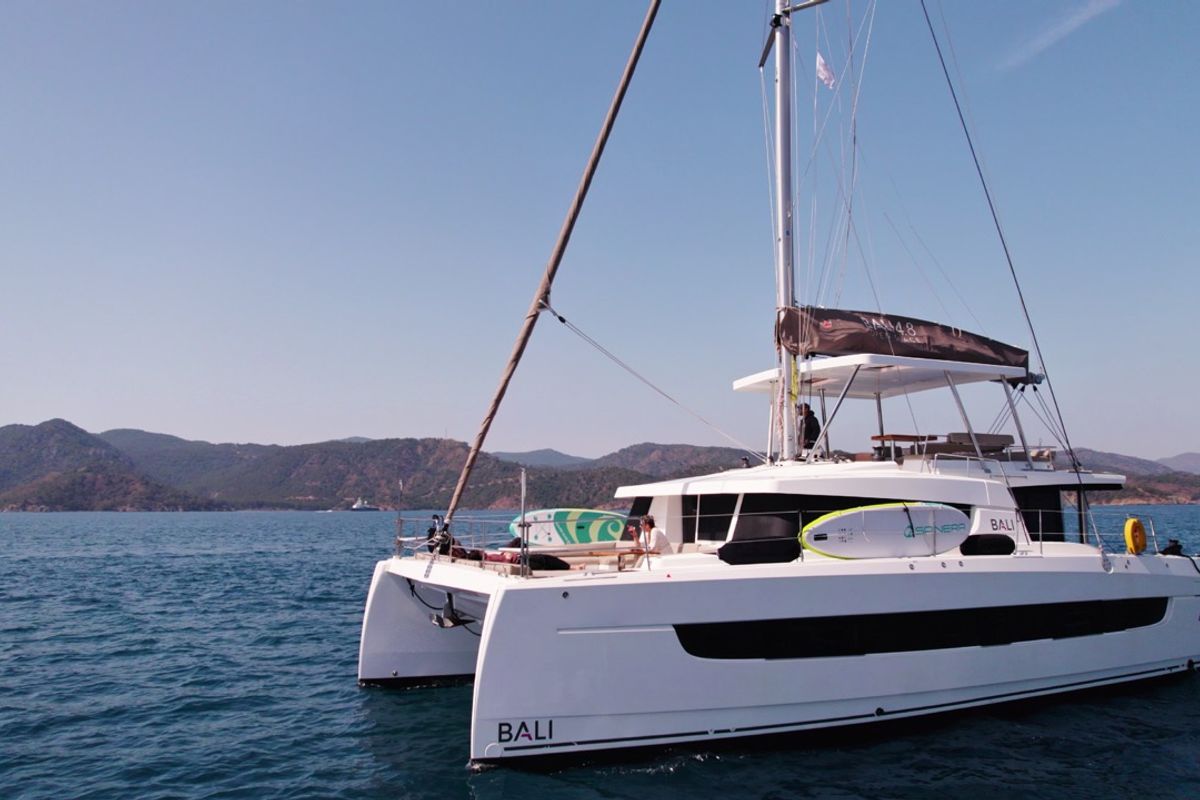 Exterior view of Pagora, a Bali 4.8 catamaran at Fethiye, Turkey