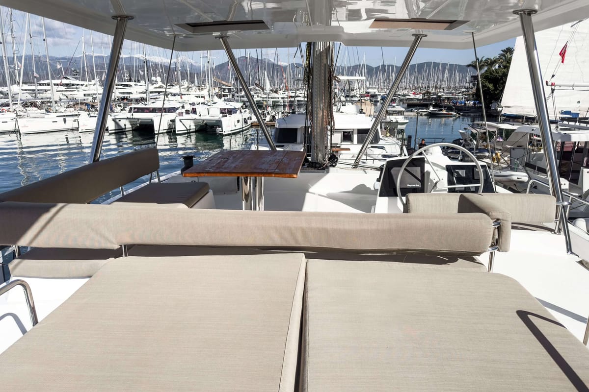 Deck of Pagora, a Bali 4.8 catamaran at Fethiye, Turkey
