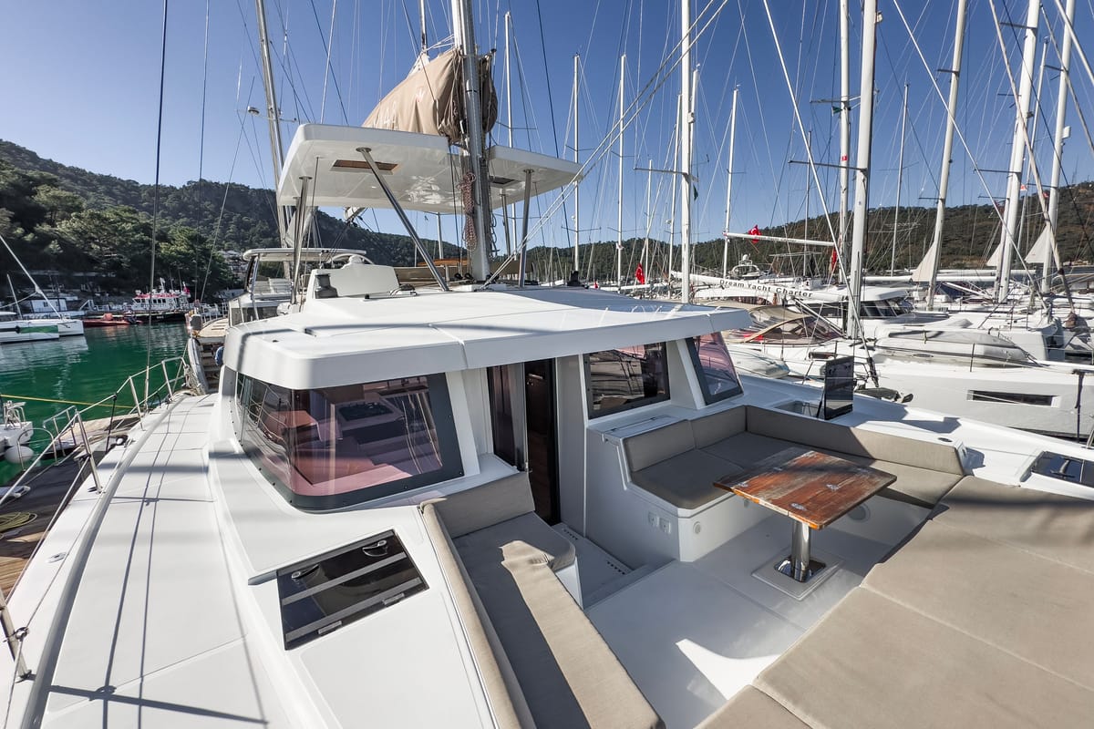Deck of Pagora, a Bali 4.8 catamaran at Fethiye, Turkey