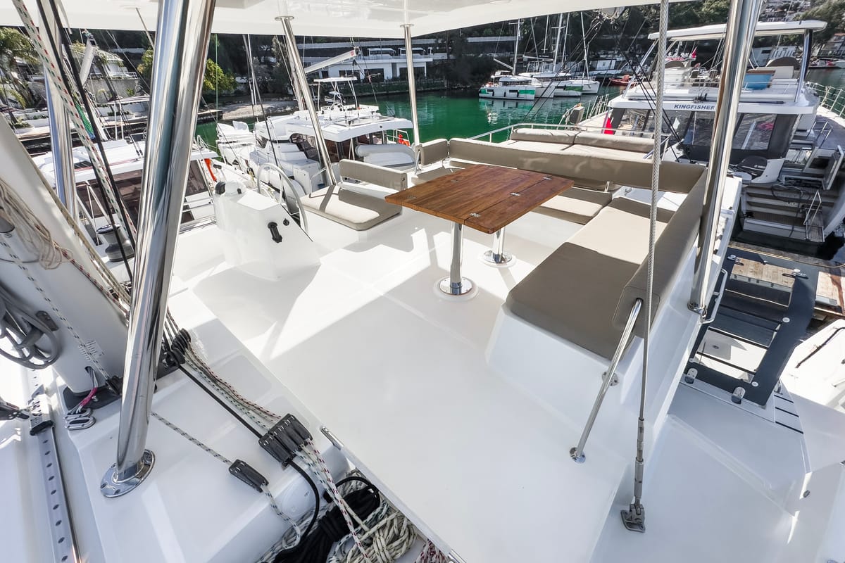 Deck of Pagora, a Bali 4.8 catamaran at Fethiye, Turkey