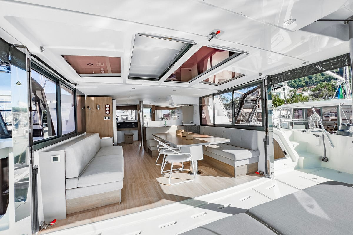Salon of Pagora, a Bali 4.8 catamaran at Fethiye, Turkey