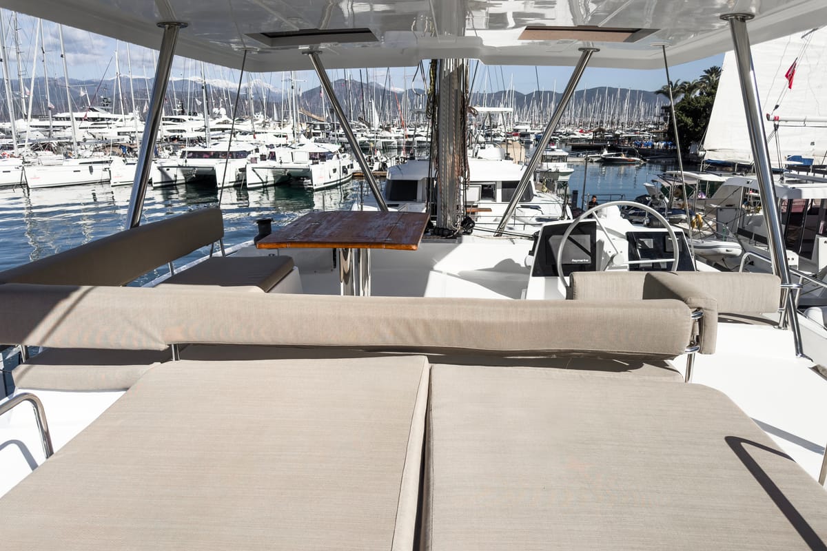 Deck of Pagora, a Bali 4.8 catamaran at Fethiye, Turkey