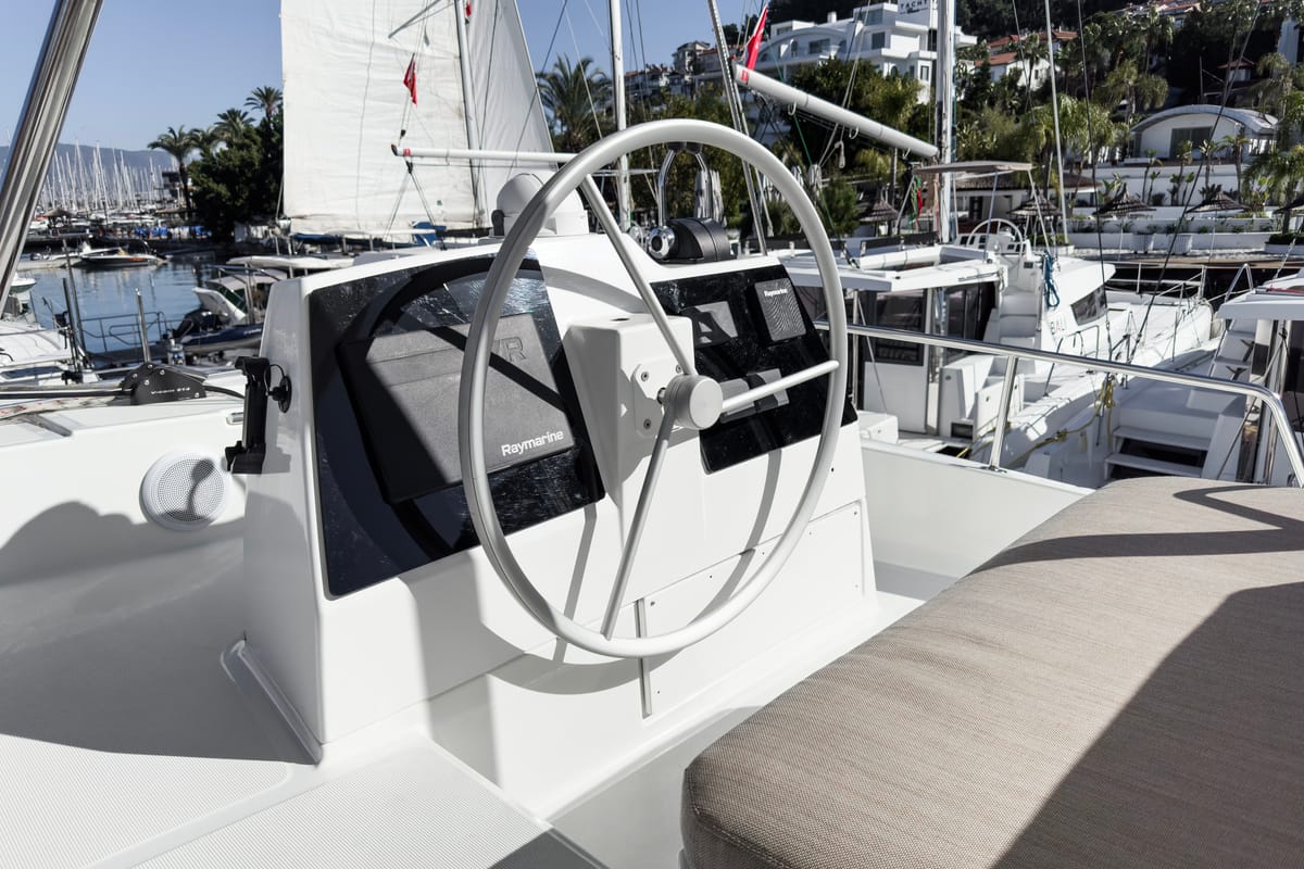 Cockpit of Pagora, a Bali 4.8 catamaran at Fethiye, Turkey