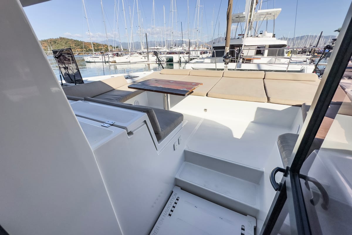 Deck of Pagora, a Bali 4.8 catamaran at Fethiye, Turkey