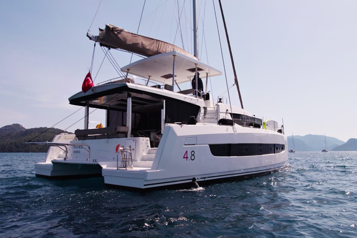 Exterior view of Pagora, a Bali 4.8 catamaran at Fethiye, Turkey