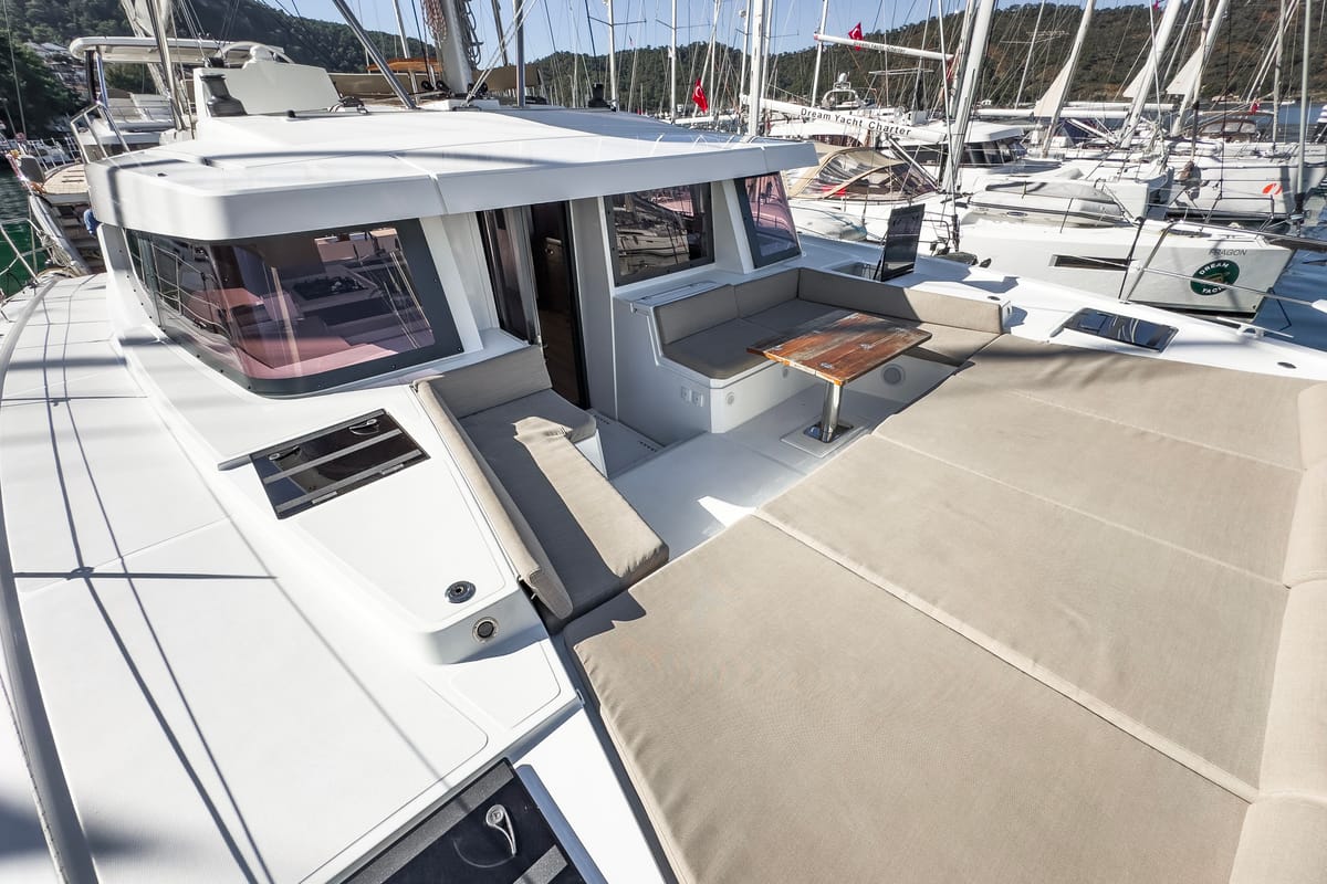 Deck of Pagora, a Bali 4.8 catamaran at Fethiye, Turkey