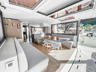 Salon of Pagora, a Bali 4.8 catamaran at Fethiye, Turkey