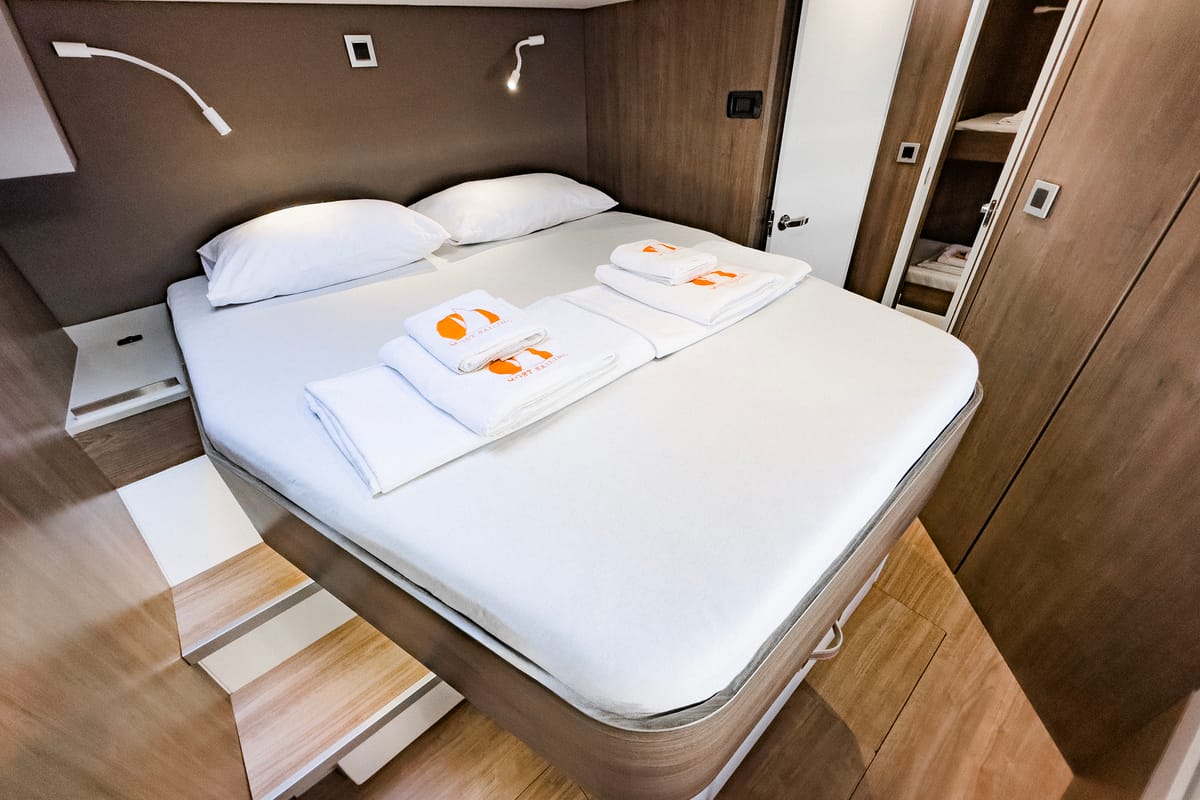 Cabin on Pagora, a Bali 4.8 catamaran at Fethiye, Turkey