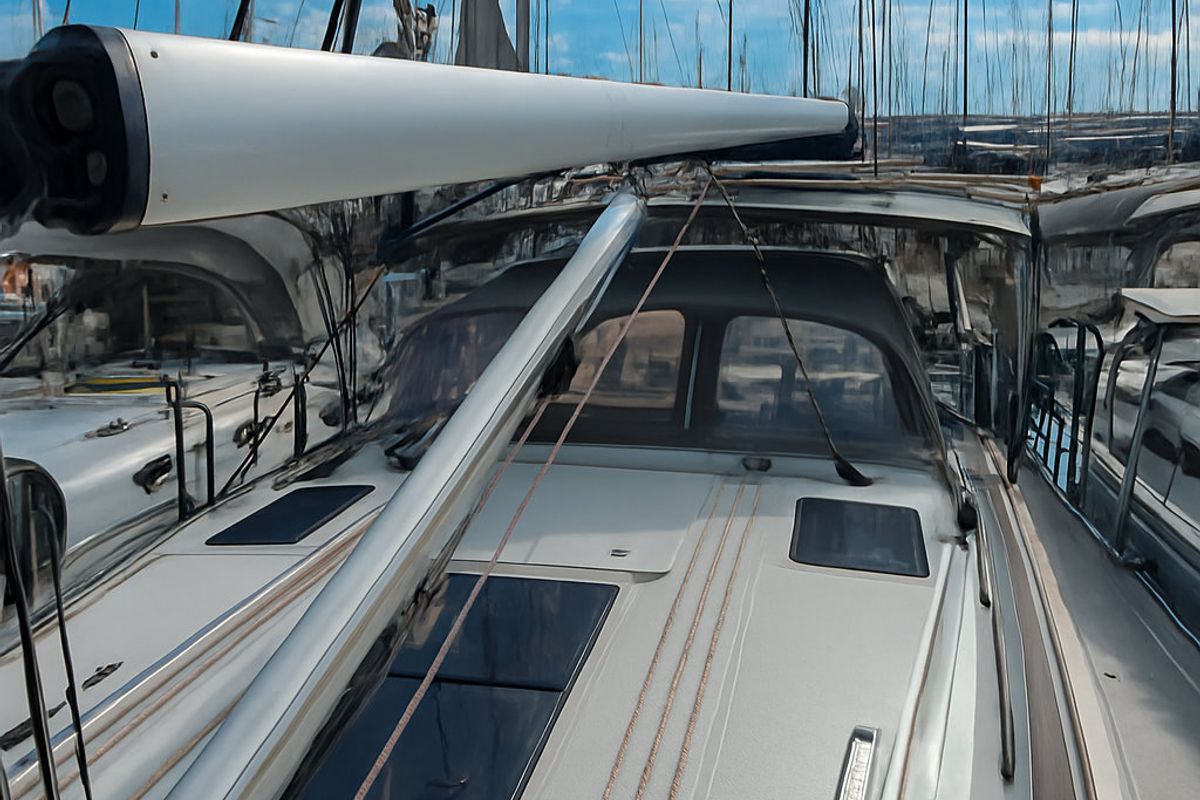 Deck of Bintan, a Bavaria Cruiser 41 sailboat at Palma de Mallorca, Spain