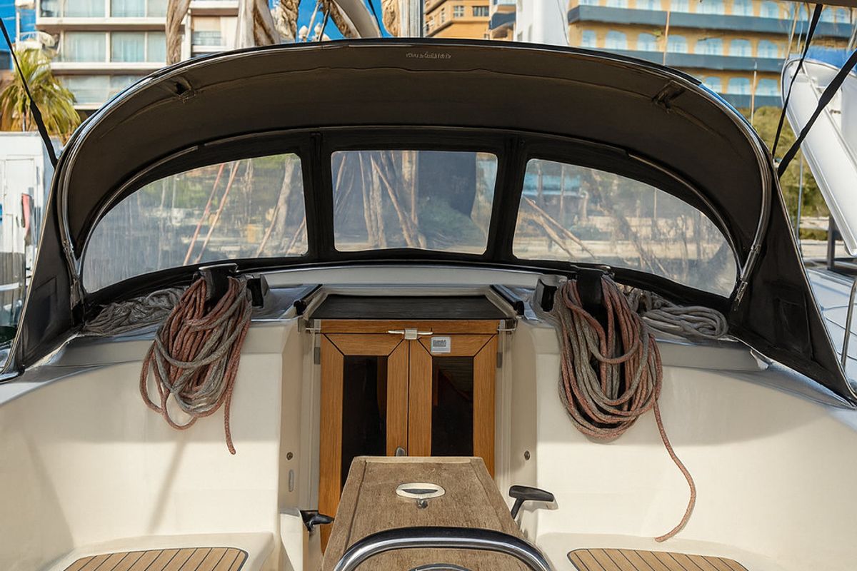 Cockpit of Bintan, a Bavaria Cruiser 41 sailboat at Palma de Mallorca, Spain