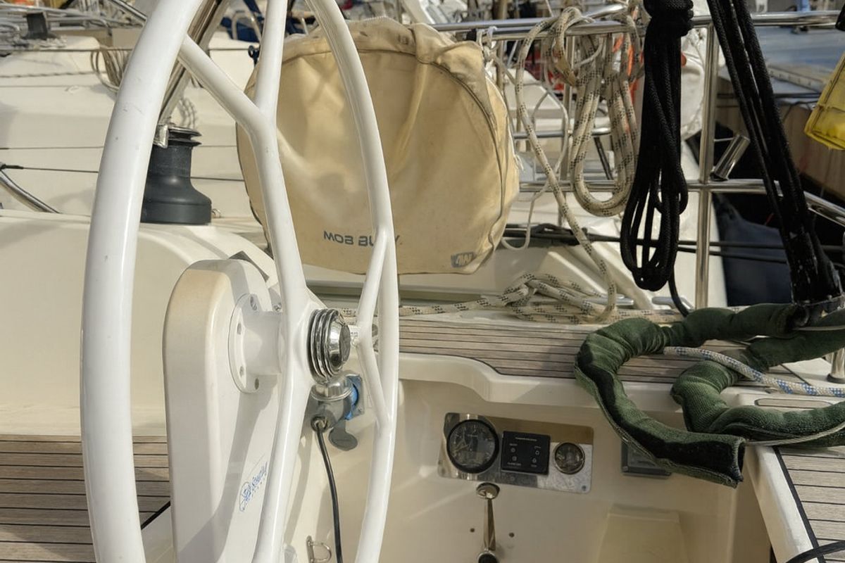 Cockpit of Bintan, a Bavaria Cruiser 41 sailboat at Palma de Mallorca, Spain