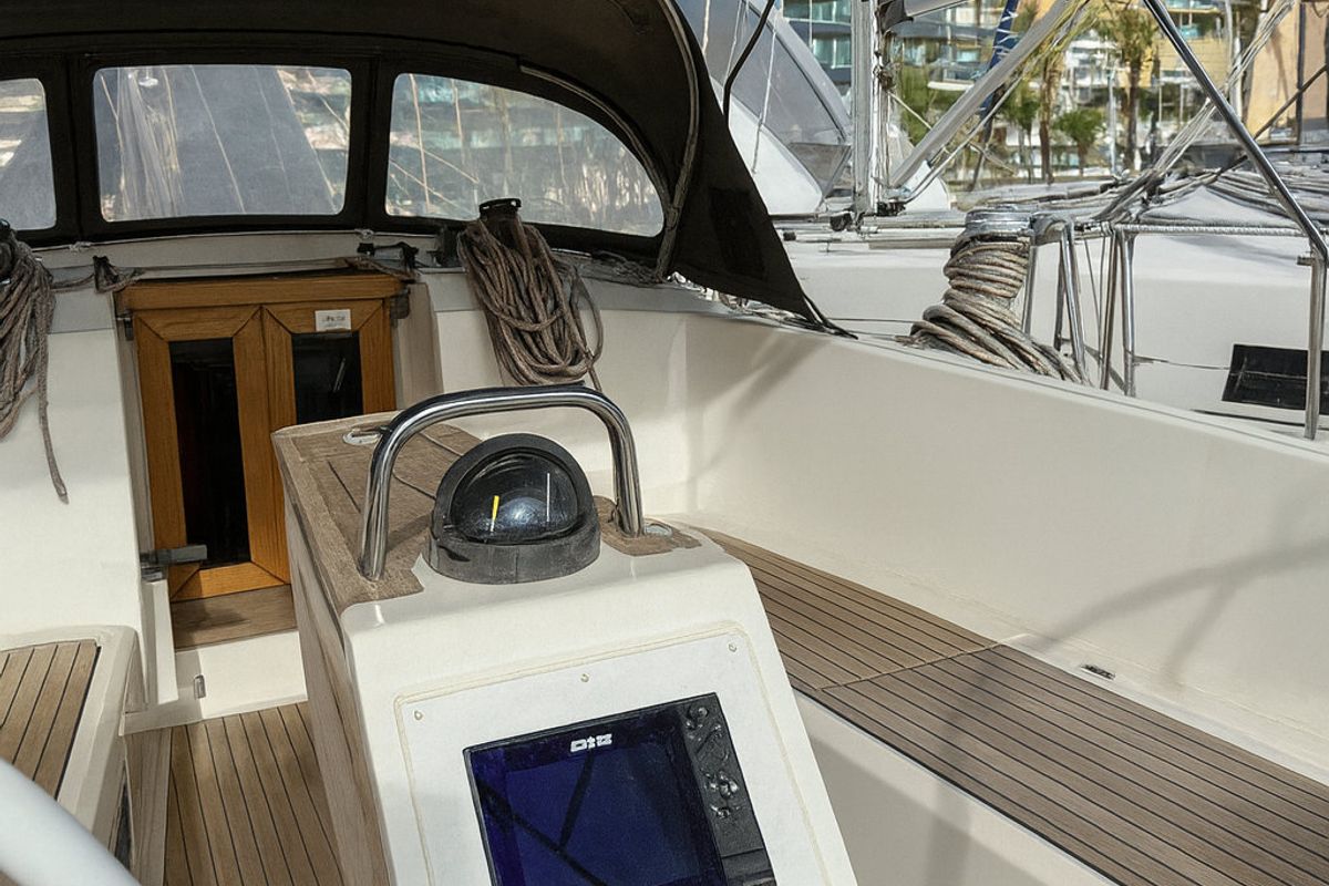 Cockpit of Bintan, a Bavaria Cruiser 41 sailboat at Palma de Mallorca, Spain
