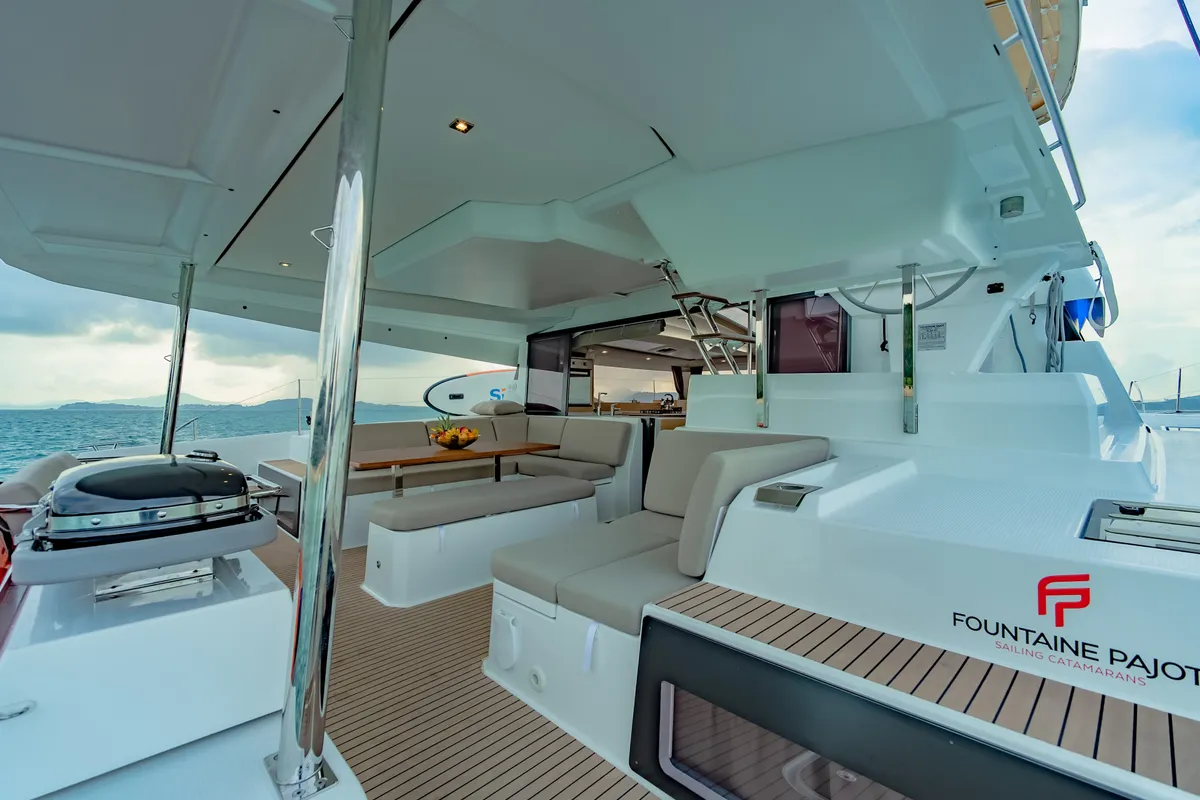 Deck of Chammak Challo, a Fountaine Pajot Elba 45 catamaran at Yacht Haven Marina, Thailand