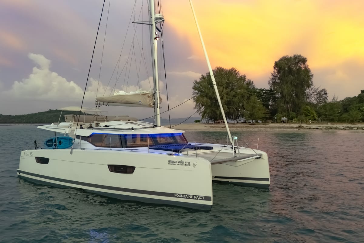 Exterior view of Chammak Challo, a Fountaine Pajot Elba 45 catamaran at Yacht Haven Marina, Thailand